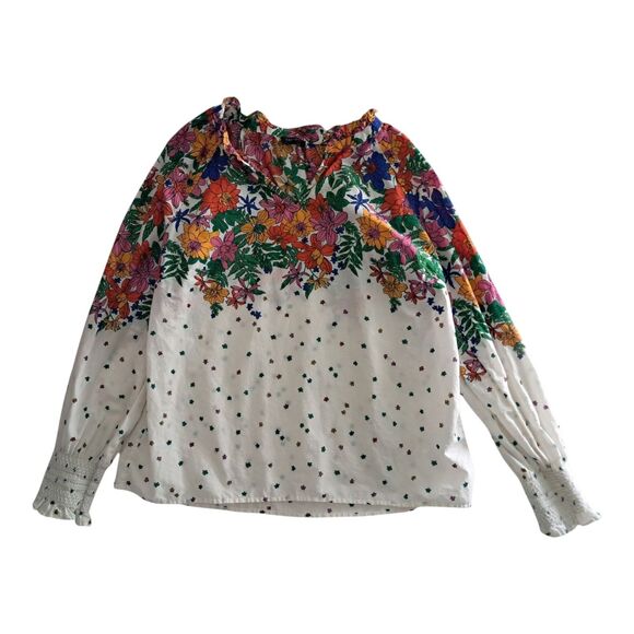 Talbots Top Women's Medium Petite‎ Colorful Blissful Floral Smocked Cuff Spring - Picture 1 of 10
